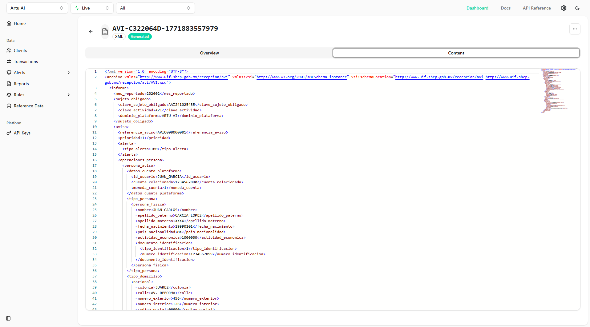 Aviso XML enviado al SPPLD del SAT desde el software PLD Artu — trazabilidad de operadores autorizados