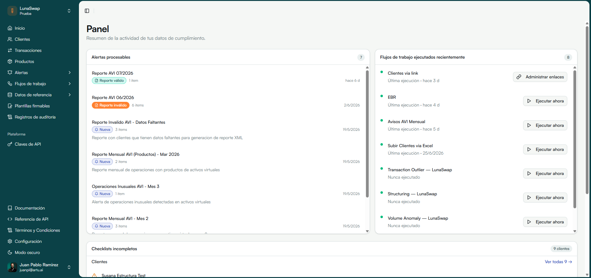 Dashboard de compliance PLD Artu — detección temprana para aplicar corrección espontánea del Art. 55 LFPIORPI