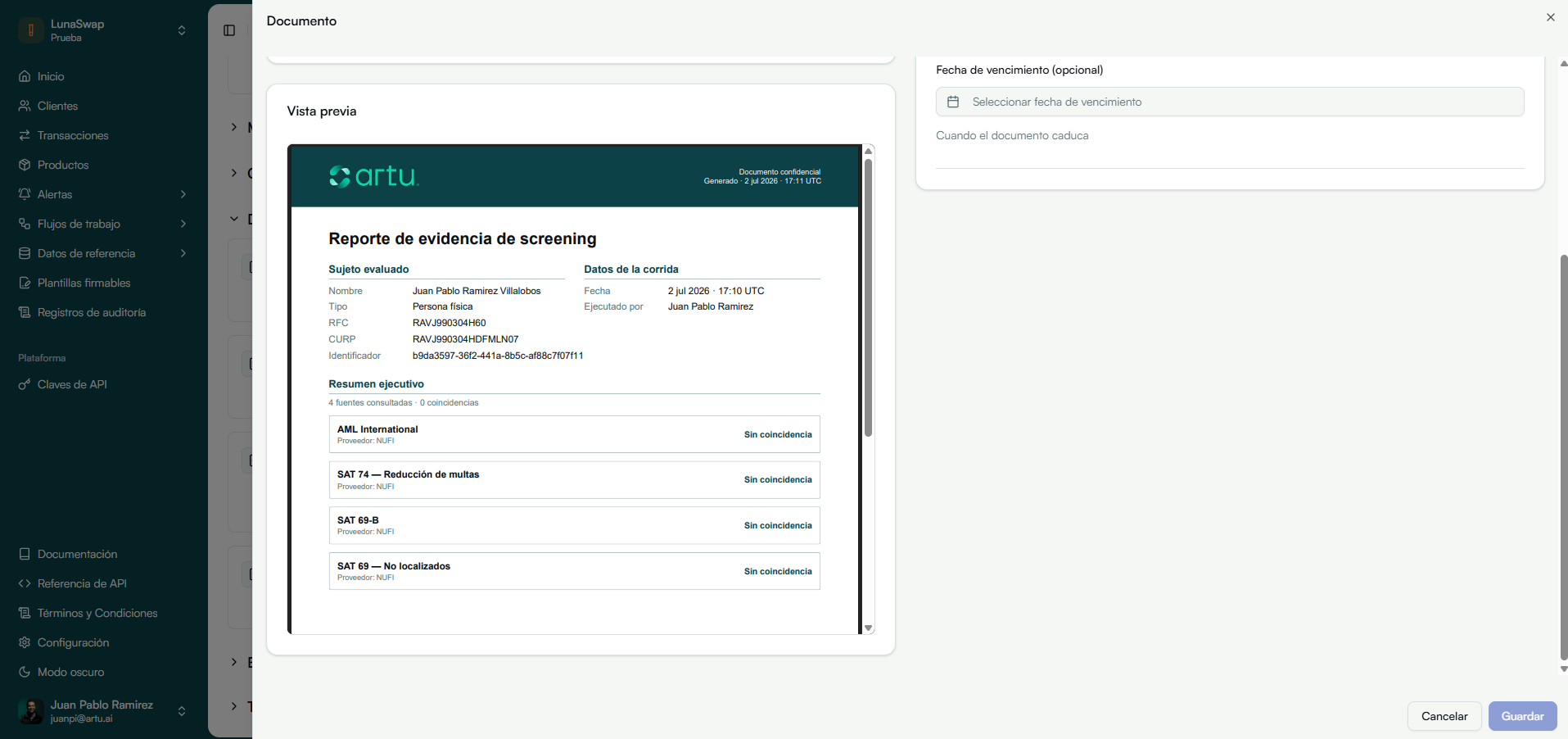 Evidencia auditable de capacitación anual y auditoría interna en el software PLD Artu — cumplimiento LFPIORPI 2025
