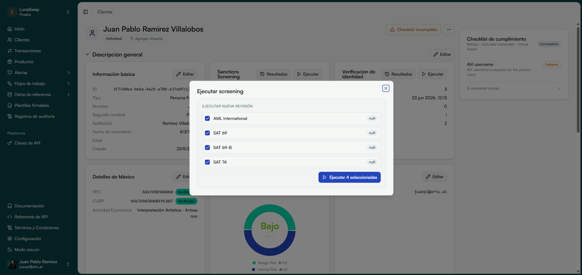 Screening automatizado contra Lista de Personas Bloqueadas (UIF), OFAC, PEPs y 69-B del SAT en el software PLD Artu