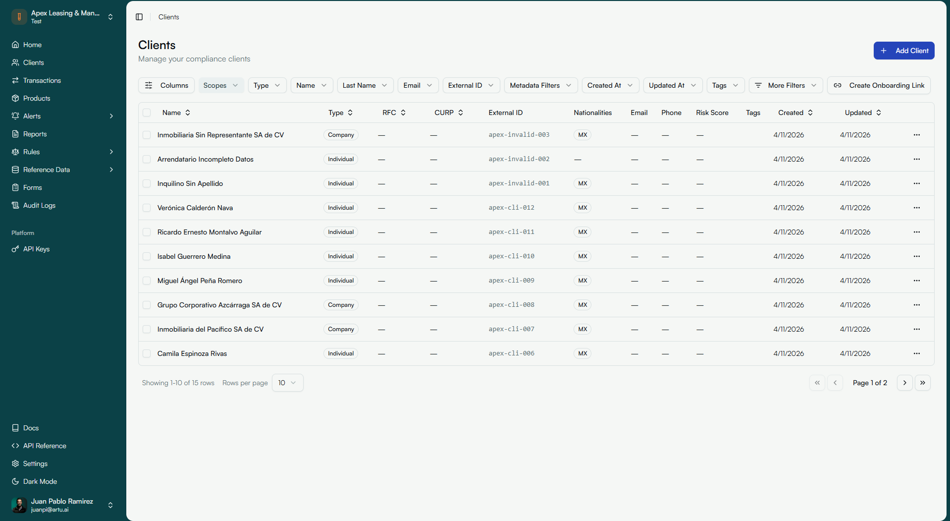 Vista general del cliente con beneficiario controlador identificado y evaluación de riesgo en el software PLD Artu